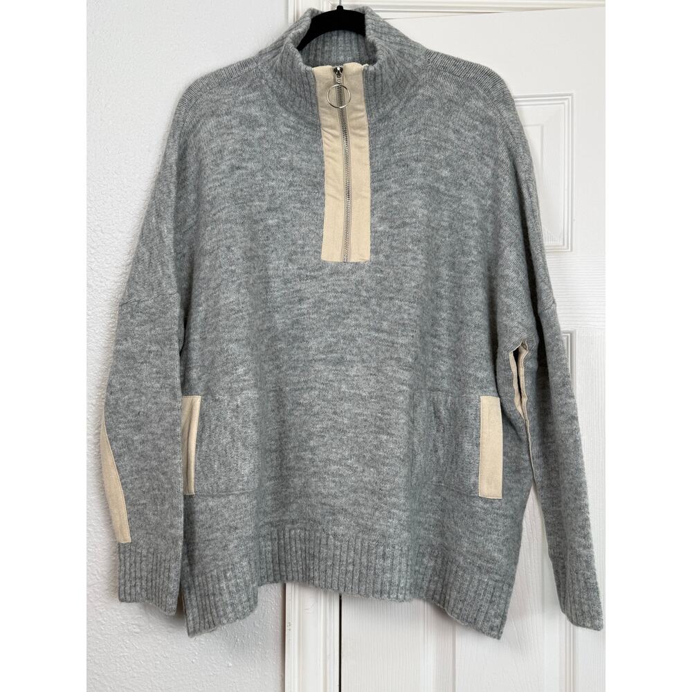 THML Gray Half Zip Knit Sweater Medium | O-Ring Zip Pullover Cozy Neutral